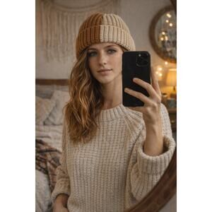 Handknit Two Tone Heavyweight Brown Cream Beanie Chunky Ribbed Cozy Grandma